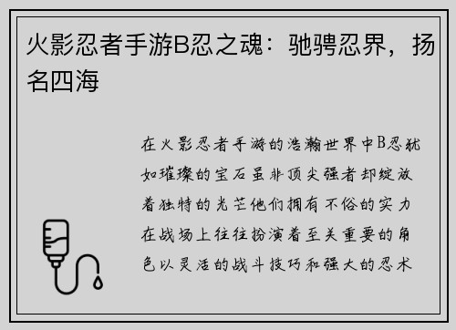 火影忍者手游B忍之魂：驰骋忍界，扬名四海